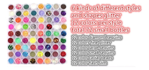 Xichen®72pc Nail Art Glitter Pó Dicas Decoração (72)