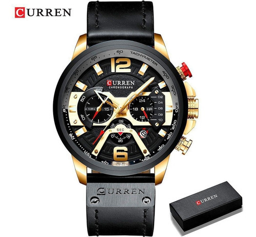 Relógio Masculino Curren 8329 Original De Luxo Pronta Entreg Cor Da Correia Dourado/preto Cor Do Bisel Preto/branco Cor Do Fundo Preto