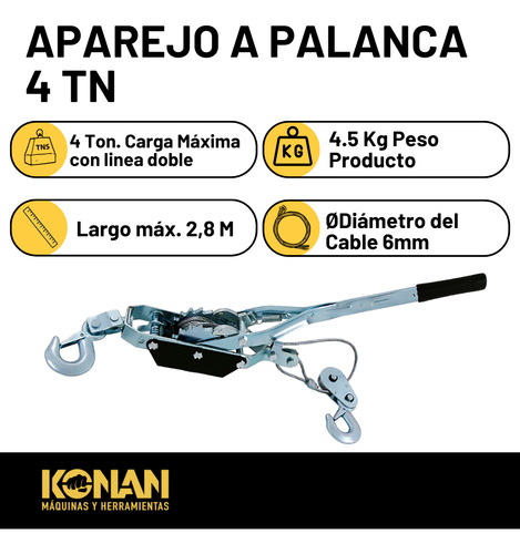 Aparejo Malacate A Palanca 4 Toneladas Konan Crique