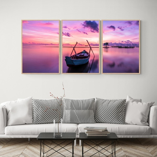 Imagen 2 de 5 de Cuadro Decorativo Mural Triptico Sunset Boat 90x42 Mdf