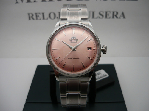 Reloj Orient Ra-ac0m11y Hombre Bambino Automático Malla Plateado Bisel Plateado Fondo Rosa