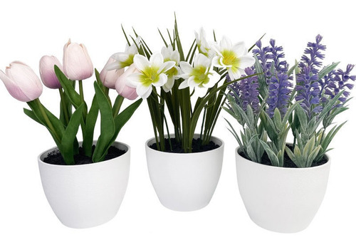 Juego De 3 Macetas Con Flores Surtidas Artificiales.