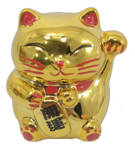 Maneki Neko Gato Da Sorte Porcelana Dourado 9 Cm Altura
