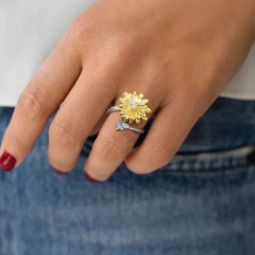 Anillo antiestrés de girasol, anillo ajustable, anillo inicial, anillos  para mujer, regalo para ella