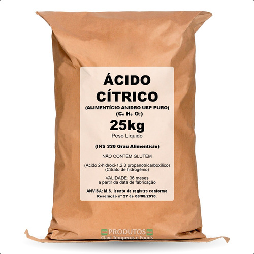 Ácido Cítrico Pó 25kg Alimentício 100% Puro Premium (c6h8o7)