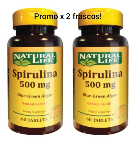 Spirulina 500mg Natural Life X60 Tablets. Promo X2 Frascos!