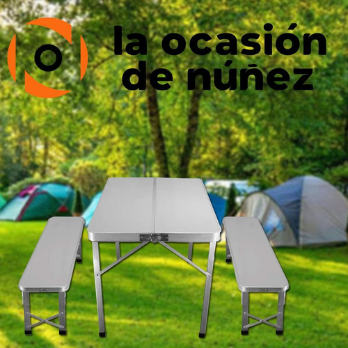 Imagen 4 de 7 de Mesa Plegable Camping Picnic Aluminio Liviana Con Bancos
