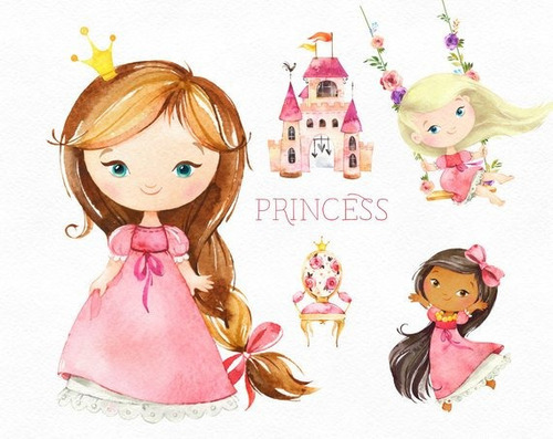 Clipart Princesa Y Elementos Rosa Acuarela 2