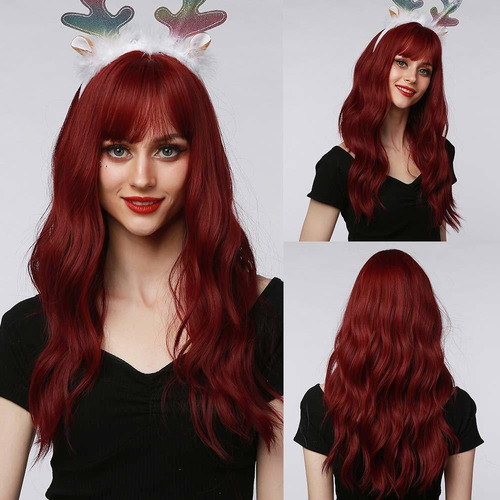 Peluca Rojo Vino Con Flequillo Para Mujer Pelucas Onda Larga