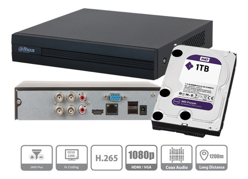 Xvr Dahua Xvr1b04-i 4ch 2mp Lite H265+ Disco 1 Tb Purple Wd
