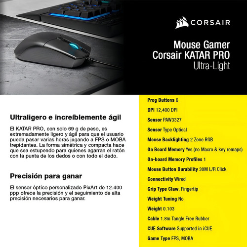 Mouse Gamer De Juego Corsairgaming Katar Pro Ch-930c011-na N Negro