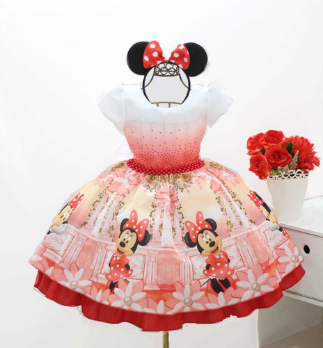 Vestido Festa Infantil Luxo Tema Minnie Vermelho 1 A 12 Anos