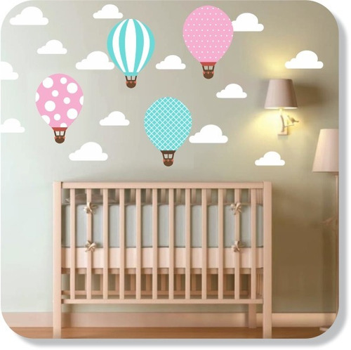 Adesivo Parede Infantil Balão + Nuvens Azul Tiffany E Rosa