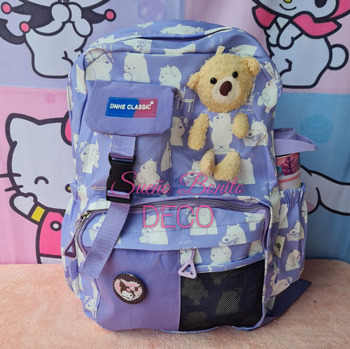 Mochila Escolar Kawaii Dnheclassic Estampada Bear Con Pin