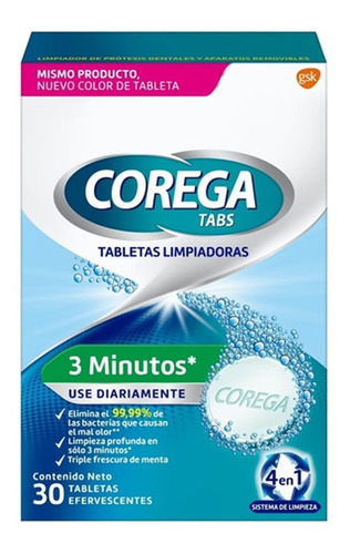 Corega Tabs X30 Tabletas Limpiadoras 3 Minutos