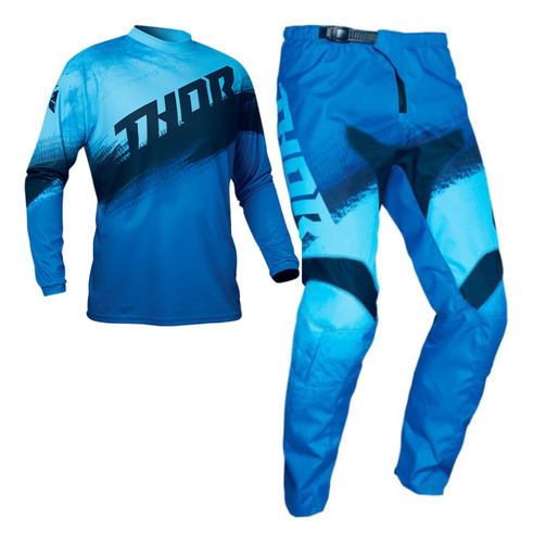 Conjunto Motocross Thor Kit Calca Camisa Azul Trilha Bike 