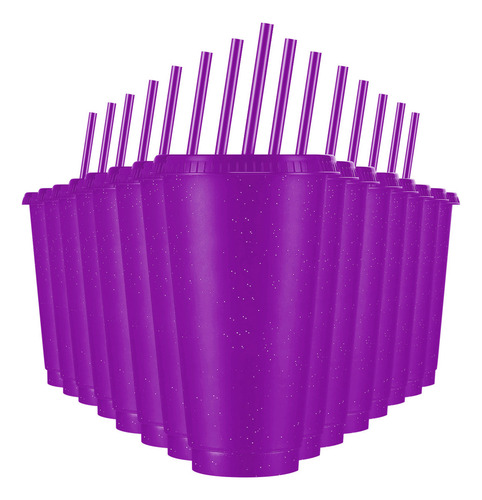 Vasos Reutilizables De 24 Oz Con Tapa Y Popote, 15 Piezas Color Púrpura