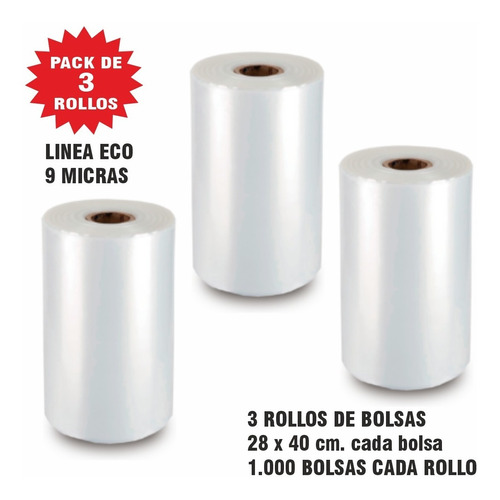 3 Rollos De Bolsas En Rollo De 1000 Unid. C/rollo De 28 X 40