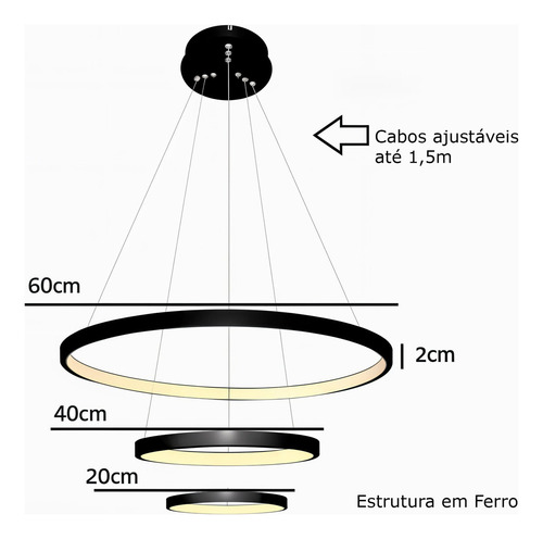 C Lustre Design Moderno Led Pendente 3 Arcos Anéis Preto