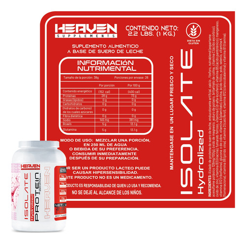 Heaven Proteína Isolate Hidrolizada 1kg Sabor 26 Servs Fresa