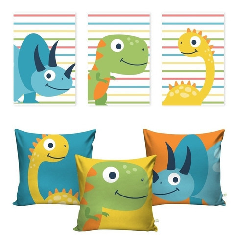 Kit 3 Quadros +  3 Capas Almofadas Dinossauro Cute Decoração