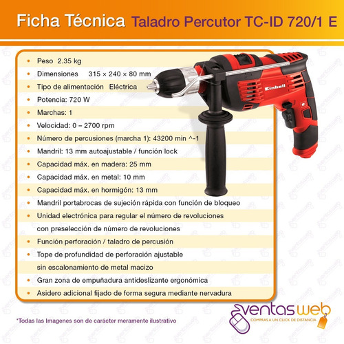 Imagen 6 de 7 de Taladro Percutor 720 W Electrico Autoajustable 13 Mm Einhell