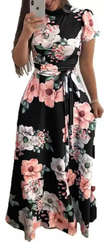 Vestido D Manga Corta Con Estampado Floral Dobladillo Grande