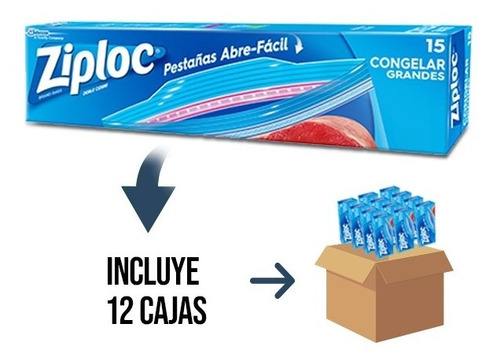 12 Cajas - Ziploc Bolsas P/congelar Grande - 15 Bolsas/caja