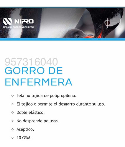 Imagen 3 de 5 de Gorro Descartable Enfermera Tip Gusano X 100 Und Marca Nipro