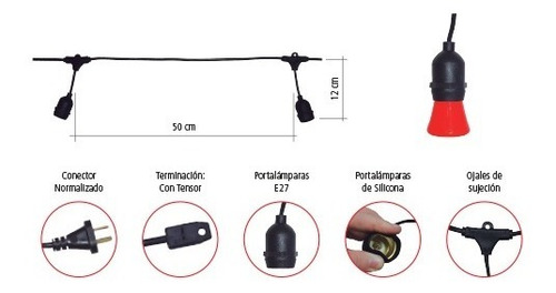 Imagen 2 de 2 de Tbcin Guirnalda 10 Metros Con 20 Portalámparas E27 Ip65