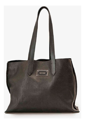 Cartera De Mujer De Cuero Zeres Heyas Croco Negro Lisa Níquel Negro