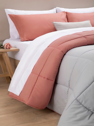 Acolchado Alcoyana Croma Liso Doble Faz 2 1/2 Plaza Color Terracota-gris Diseño De La Tela Lisa