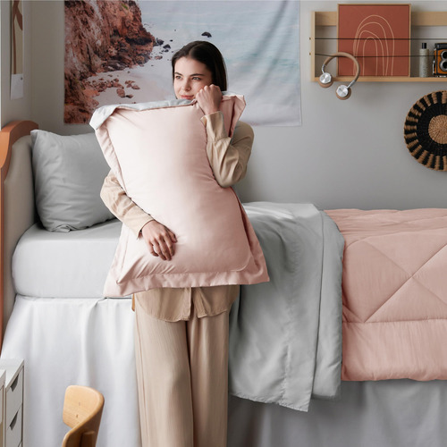 Juego Edredon Y Ropa De Cama Individual Xl Rosa Claro Y Gris