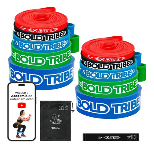 BOLD TRIBE Kit de 10 Ligas de Resistencia Unlimited Pack - Bandas Elásticas Premium - Ideales para Pull Ups, Cross Training, Calistenia, Dominadas y Entrenamiento Funcional - Gym en Casa