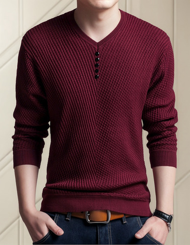 Suéter De Hombre De Color Liso Con Cuello En O De Base Delga