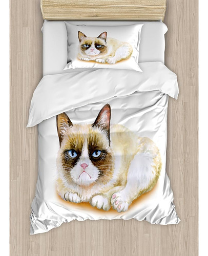 Ambesonne Animal Animal Duvet Cover Set, Grumpy Siamese Cat 