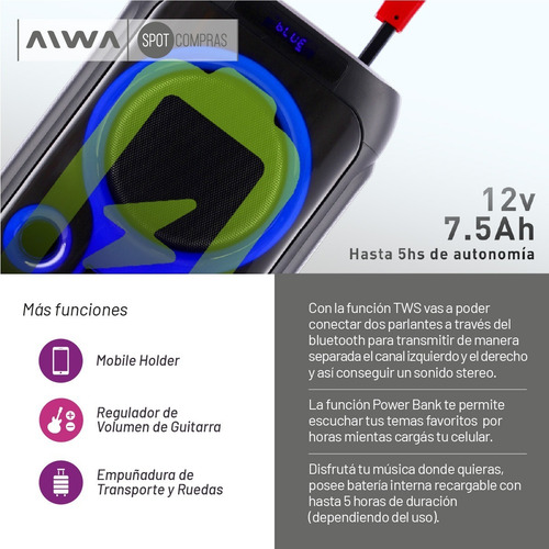 Imagen 5 de 10 de Parlante Torre Bluetooth Carry On 12500w Aiwa 2303