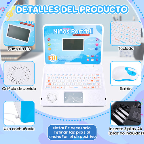 Computadora Laptop Niño Juguete Didáctica Español Ingles 130 Color Azul Acero
