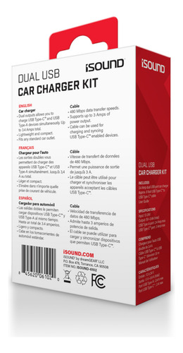 Cargador Para Auto Con 2 Puertos & Cable Type-c - Isound Negro