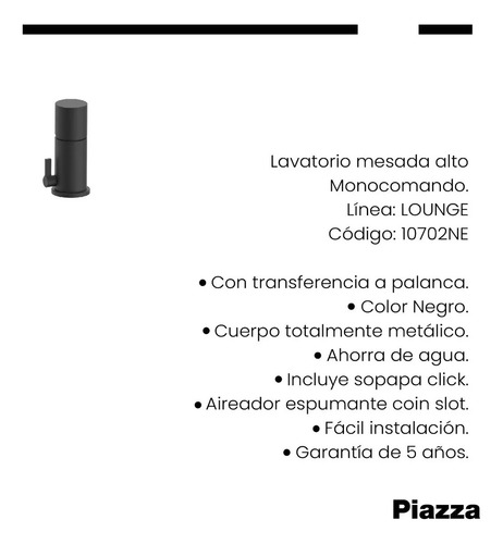 Griferia Bidet Baño Monocomando Lounge Negro + Accesorios