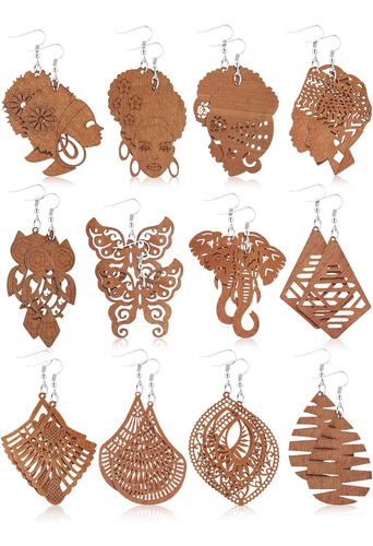 12 Pares De Aretes Africanos De Madera, Bohemios, Colgantes,