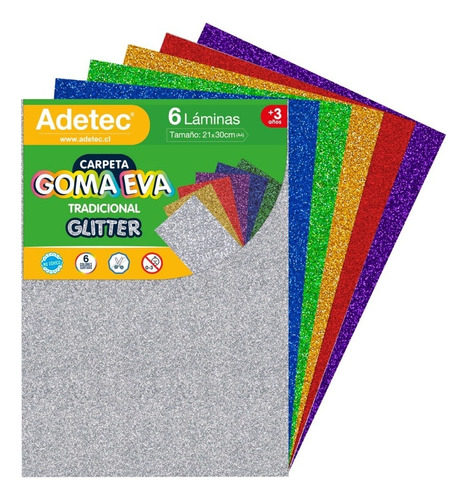 Goma Eva Tradicional A4 Colores Glitter Adetec X 6 Hj - 525 Color Variado