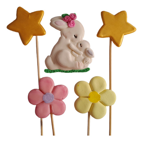 Toppers Porcelana Fría - Mamá Coneja Con Su Bebé Amorosos X5 Índigo Mamá Coneja Con Su Bebé