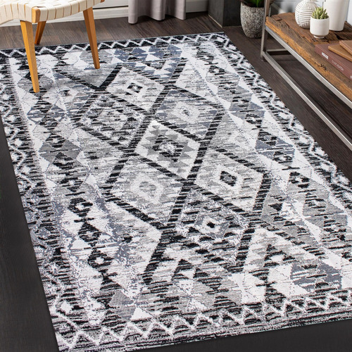 Tapete Sala Quarto Kilim Antiderrapante Vintage 1,32x2,00 Cor Preto Desenho do tecido Geométrico