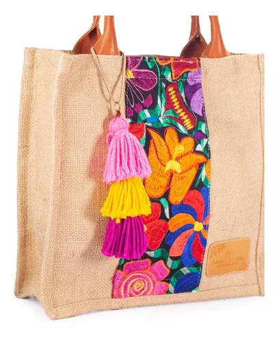 Bolso Artesanal Tipo Shoper En Yute Con Telar Artesanal Flor Diseño De La Tela Marimar Chica