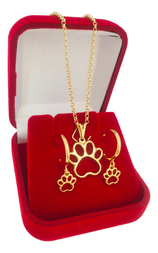 Conjunto Colar E Brinco Feminino Pet Patinha Folheado Ouro Cor Dourado