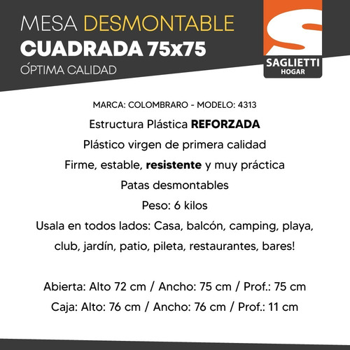 Mesa Plastico Cuadrada 75x75 Patas Desmontables Colombraro