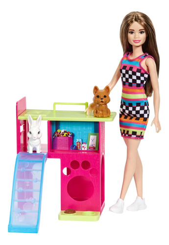 Barbie Con Casa De Juegos Para Mascotas Cachorro Y Conejo