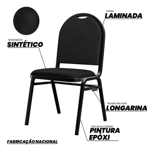 Kit 6 Cadeira Hoteleira Auditório Empilhável Sintético Preto Material do estofamento Couro sintético