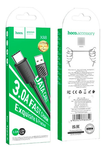 Cable Usb A Tipo C Hoco X88 A Blanco O Negro 1m Carga Rápida